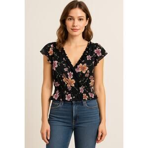 1. State Black Ruffled Floral Top NWOT Size XL